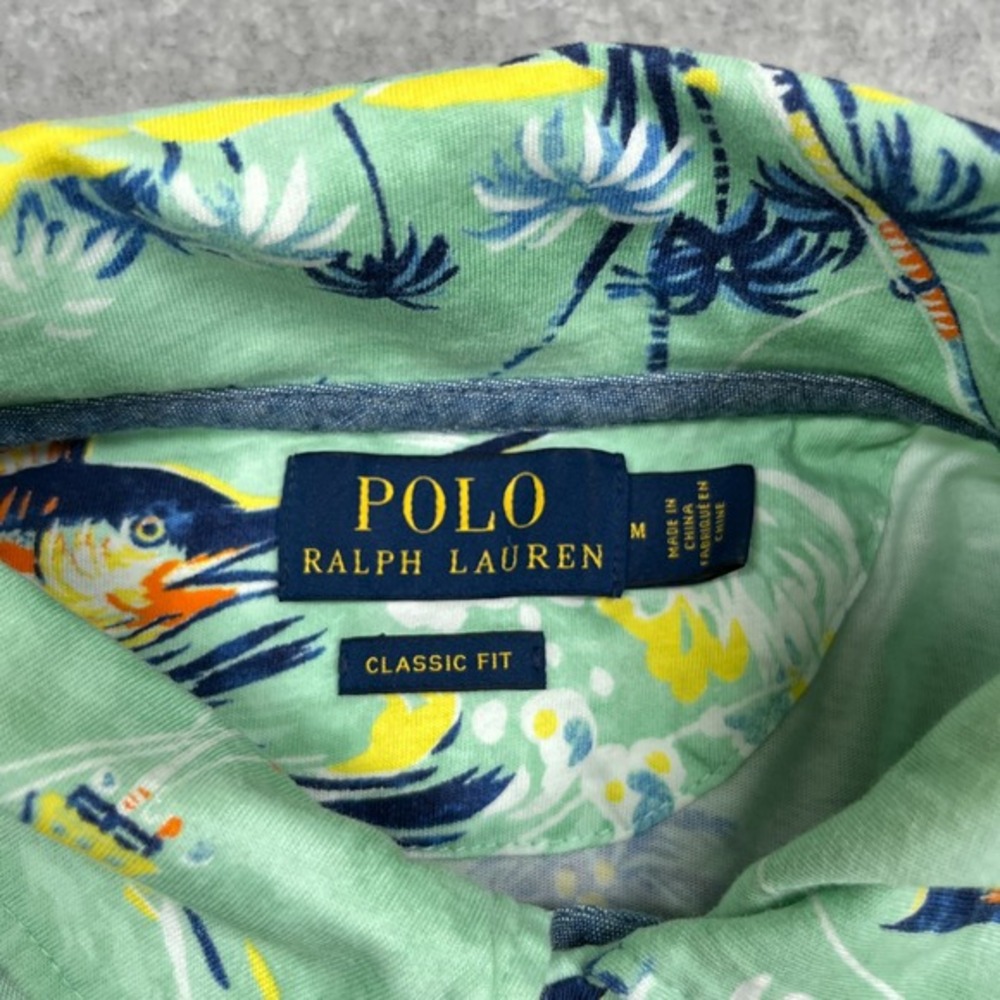 Polo Ralph Lauren Shirt Mens Medium Green Marlin Tropical‎ Fishing Short Sleeve - Picture 8 of 12